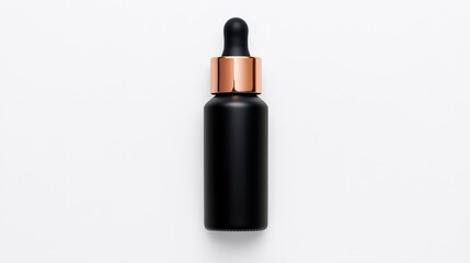 Obraz premium Elegant black dropper bottle with copper lid, perfect for essential oils or serums, isolated on a clean white background.