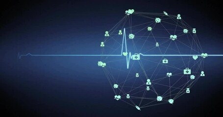 Animation of network of connections with icons over cardiograph - Powered by Adobe