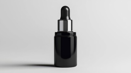 Fototapeta premium Elegant black dropper bottle on a neutral background, perfect for showcasing skincare or essential oil products.