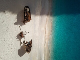 Top view of a shipwreck on the coast of Navagio Beach in Greece.