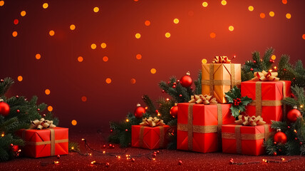 Christmas poster background with christmas tree and decorations, festive image with holiday mood