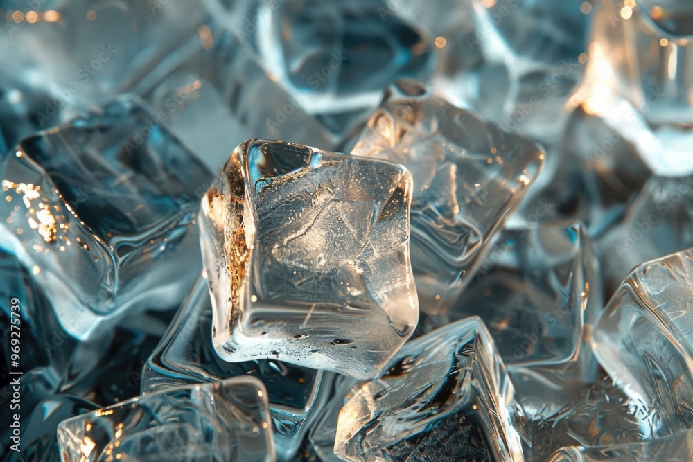 Poster A stack of transparent ice cubes sitting on top of each other, perfect for use in cold drink or weather related scenes