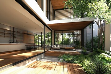 Fototapeta premium A modern villa's interior, seen from the veranda