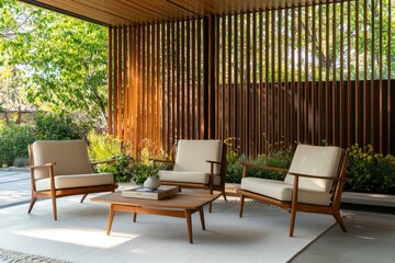 A classic pair of wood and leather chairs from the mid-century modern era. A scandinavian backyard terrace.