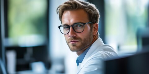 A focused young professional wearing glasses and a lab coat. He looks thoughtful and engaged. This image captures determination and expertise in a modern workspace. AI