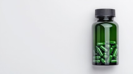 Obraz premium Green capsule bottle on a white background, ideal for health, wellness, and nutrition themes. Perfect for healthcare visuals.