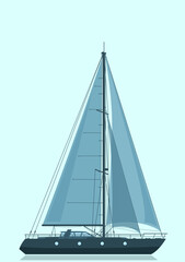 Sailing luxury yacht isolated on blue background. Vector illustration.