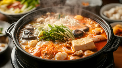 A Korean hot pot (Jeongol) boiling with a rich broth, filled with seafood, mushrooms, vegetables, and tofu, with steam rising from the pot in a cozy restaurant setting