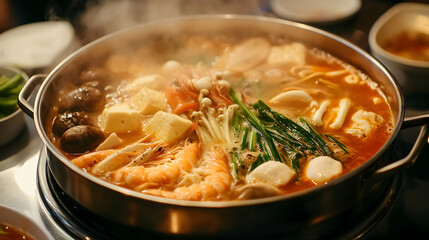 A Korean hot pot (Jeongol) boiling with a rich broth, filled with seafood, mushrooms, vegetables, and tofu, with steam rising from the pot in a cozy restaurant setting