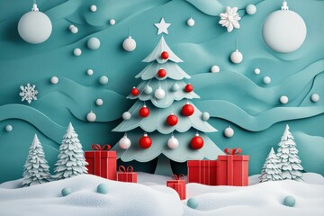 Obraz premium Festive Paper Cut Christmas Tree Scene with Presents in Snowy Landscape