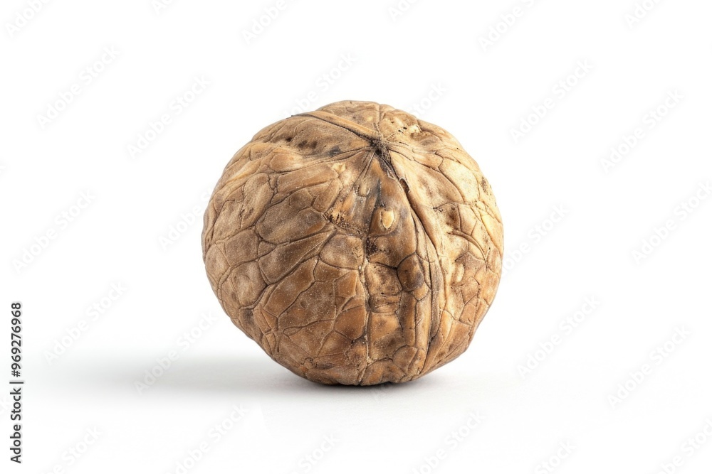 Poster close-up of a walnut shell on a white surface, perfect for use in food or nature-related designs