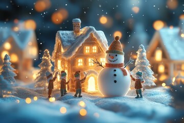 Obraz premium Festive Paper Cut Kids Building Snowman by Adorned House with Twinkling Lights