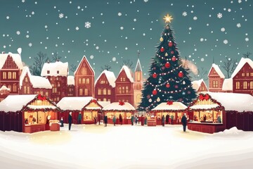 Vibrant Paper Cut Christmas Market in a Charming Village Square with Festive Stalls and Decorative Tree