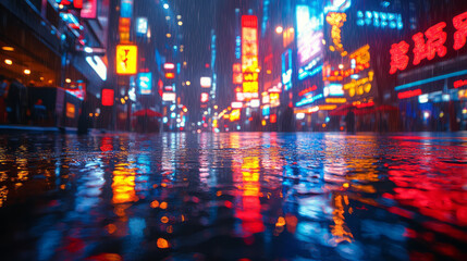 A bustling city square, now quiet and reflective after a rainstorm,