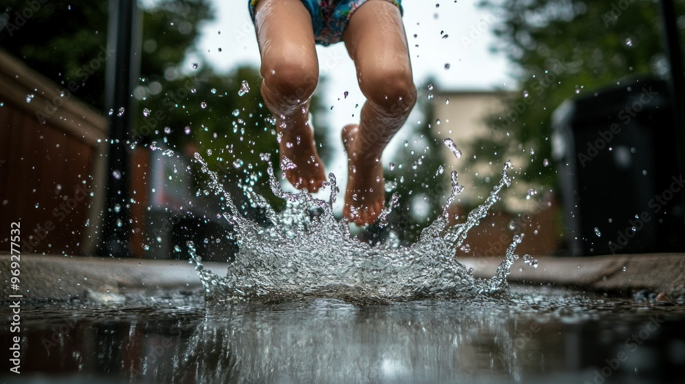 Wall mural A child leaps into a puddle, creating a splash on a rainy day.