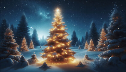 Naklejka premium A beautifully lit Christmas tree adorned with snow sits in a serene winter landscape under a starry night sky. The tree is brightly illuminated from within radiating a warm glow