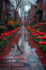 Fototapeta premium A cozy neighborhood street, its red brick sidewalks shimmering after the rain,