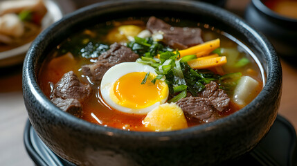 A vibrant Korean rice cake soup (Tteokguk) with slices of chewy rice cakes, beef, and egg strips, floating in a savory broth, served in a traditional porcelain bowl