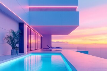 Fototapeta premium The swimming pool in a modern villa is lit by colored LEDs at dusk. Stock was used to create this image