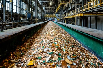 Industrial Conveyor Belt Carrying Scattered Metallic Pieces