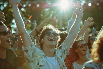 A group of people rejoicing and celebrating, hands held high in triumph