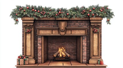 Christmas fireplace holiday decorations isolated	
