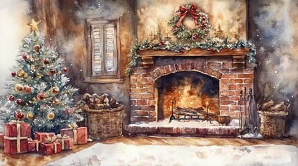 Christmas fireplace holiday decorations isolated	
