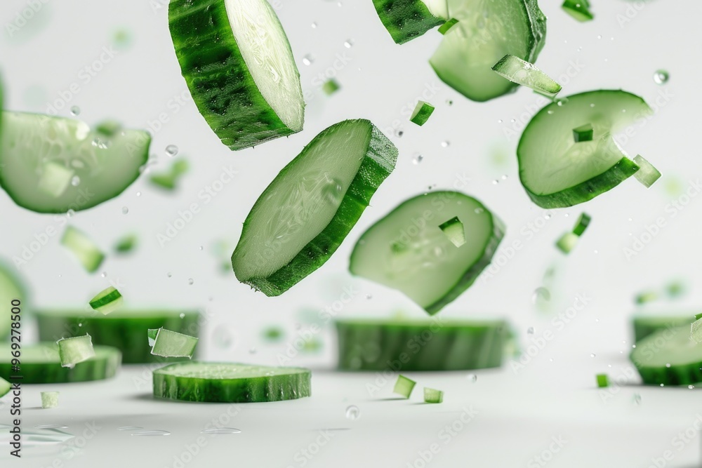 Poster Freshly cut cucumbers in mid-air, perfect for use in food or editorial photography