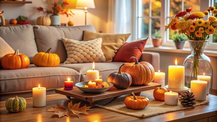 Fototapeta premium Rich autumn leaves and gourds adorn the coffee table, illuminated by soft candlelight, as Halloween-themed decorations