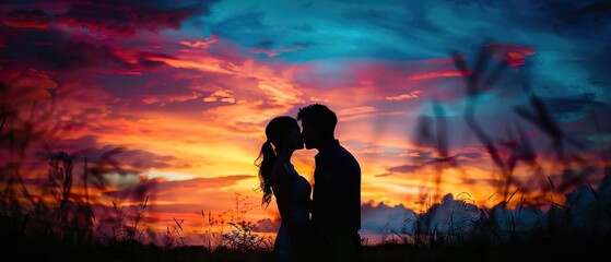 Silhouette of a couple sharing a kiss against a colourful sunset