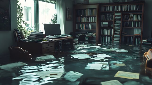 Submerged home office with ruined electronics, paperwork floating in water, conveying insurance challenges post-flood