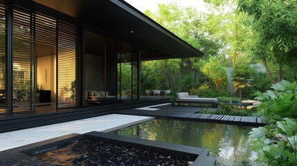 An outdoor patio with a pergola, lounge furniture, and landscaped garden at night