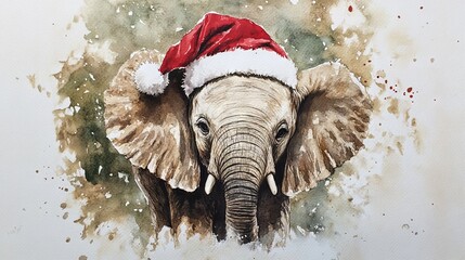 Naklejka premium Elephant in a Christmas hat watercolor
