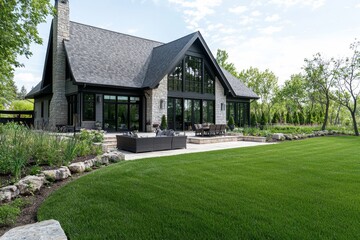 House exterior with impressive backyard landscaping
