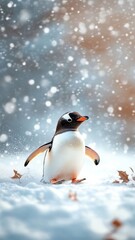 Fototapeta premium Charming penguin sliding across a snowy landscape, with snowflakes falling on its feathers and the wintery setting adding to the playful atmosphere.
