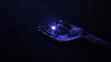An abstract digital star in a hand. Success concept. Low poly wireframe modern illustration in futuristic hologram blue style on a technology background. Monochrome light.