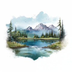 Fototapeta premium Beautiful Lake Scenery Illustration: Serene Waters, Lush Shorelines, and Majestic Reflections in Tranquil Nature Landscape Art