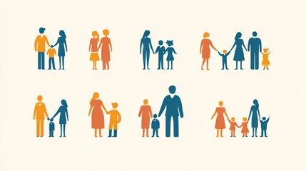 A set of family icons showing various family structures, including parents with children, single-parent families, and grandparents.