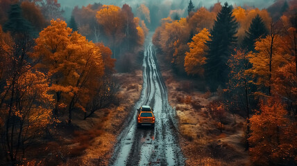A single car on the highway driving through autumnal forest. View from the top showing colorful trees and magical forests around the car