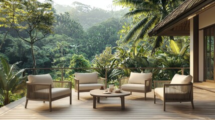 Obraz premium The summer relaxation concept is illustrated in 3D with a modern outdoor living room set with wood table patio furniture, garden decor, and outdoor decor.