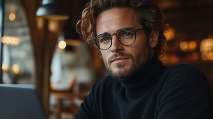 Obraz premium A software developer in a black turtleneck and smart glasses,