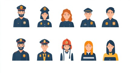 A set of icons representing people in different professions, including police officer, firefighter, and teacher.