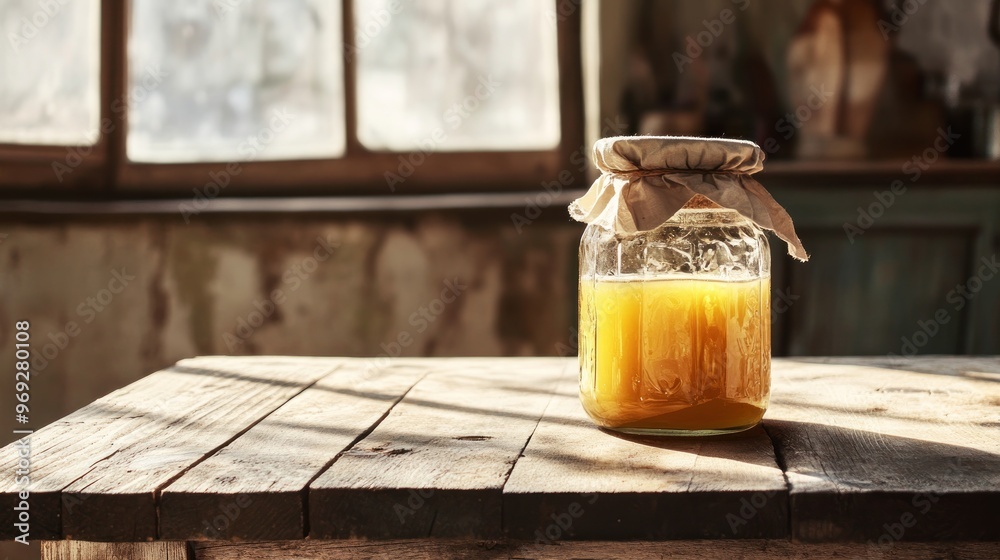 Poster A jar of golden liquid sits on a wooden table, illuminated by soft natural light.