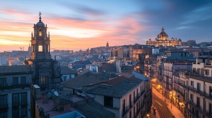 Naklejka premium A picturesque sunset view over a cityscape with historic buildings and vibrant skies.