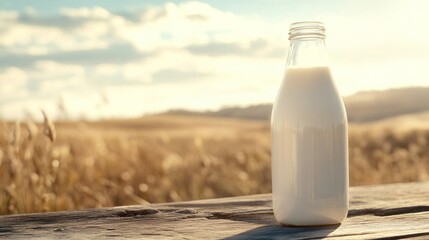 A glass bottle of milk rests on a wooden table against a serene, sunlit landscape.