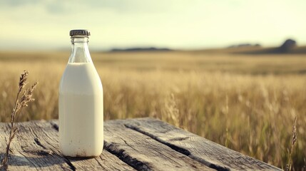 A glass bottle of milk on a wooden table with a field in the background.