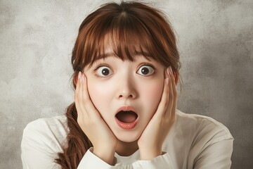 Female Asians expressing amazement and excitement over the promotion advertisement as they are isolated on a studio background.