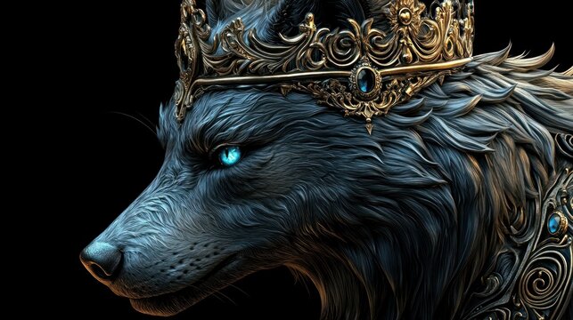 A majestic wolf adorned with a golden crown and intricate details, symbolizing power.