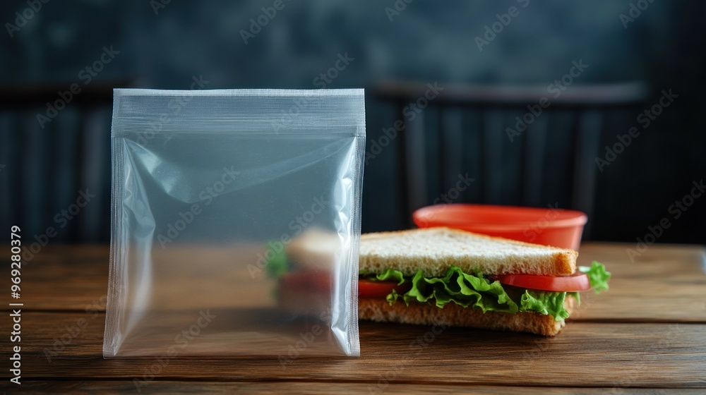 Canvas Prints A sandwich with lettuce and tomato beside a clear bag on a wooden table.