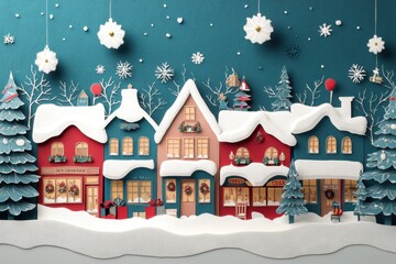 Festive Paper Cut Snowy Village Street with Christmas Decorations, Shops, and Cheerful Atmosphere